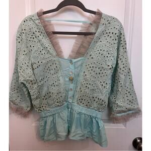 Aratta Silent Journey Boho Eyelet Peplum Top M Tulle Ruffle Trim whimsical Fairy